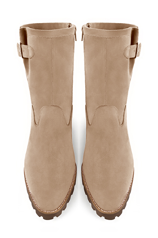 Tan beige women's ankle boots with buckles on the sides. Round toe. Low rubber soles. Top view - Florence KOOIJMAN